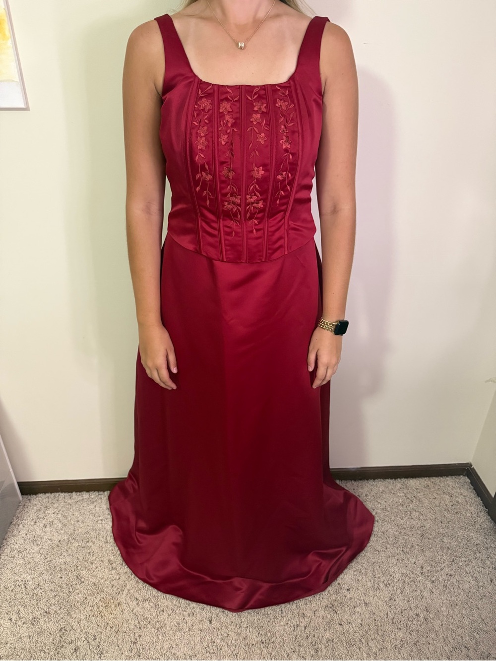 Elegant Burgundy Satin Evening Dress with Embroidered Bodice